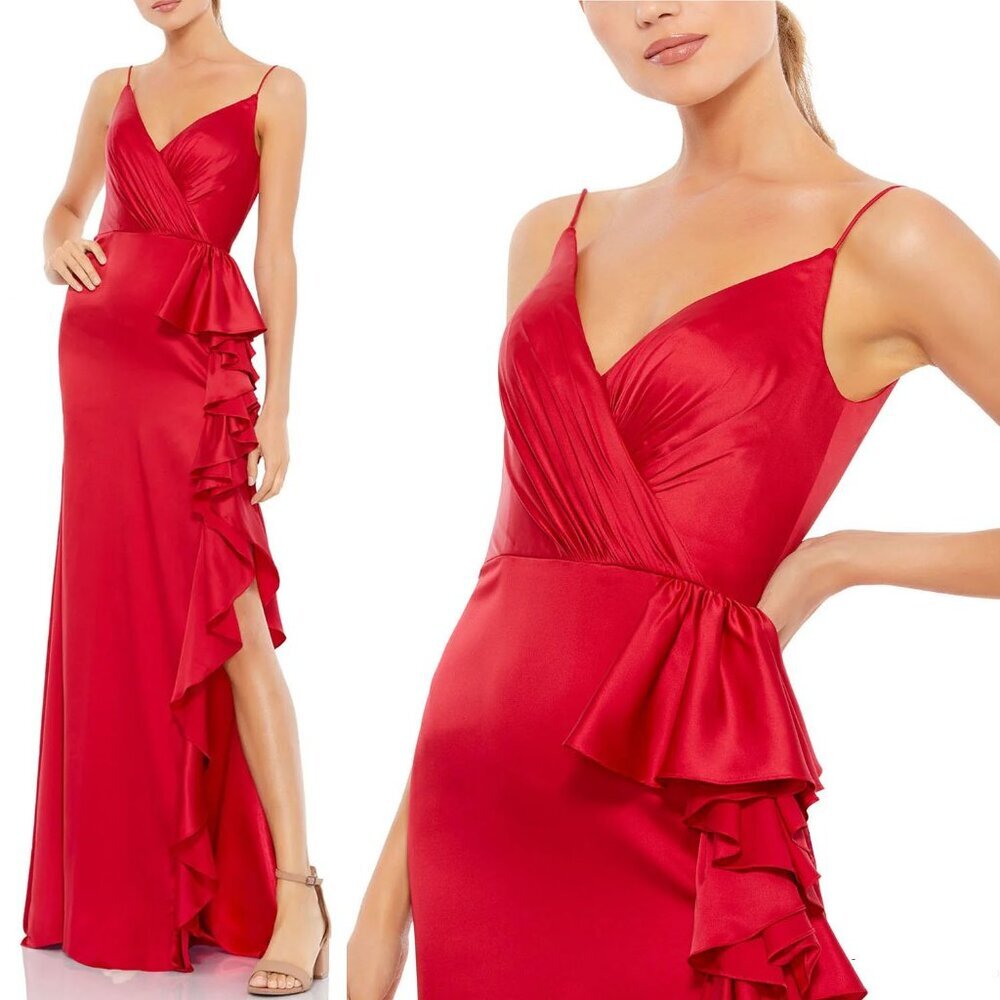 Mac Duggal Red Satin Ruffle Asymmetric Gown Maxi Dress Cocktail Party 67815 $338 - Picture 2 of 16